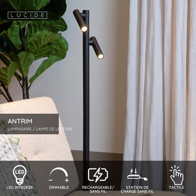 Lucide ANTRIM - Lampadaire / lampe de lecture Rechargeable Intérieur/Extérieur - Batterie/Piles - LED Dim. - 2x2,2W 2700K - IP54 - Avec station de charge sans fil - Noir